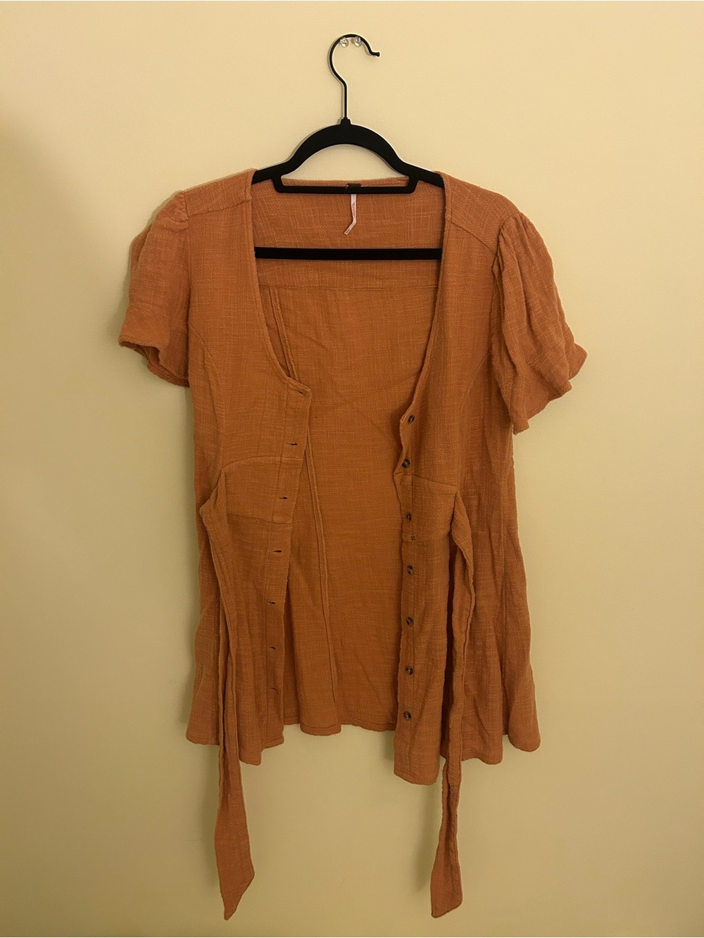 Free People Rust Orange Button-Front Short Sleeve Tunic with Waist Tie